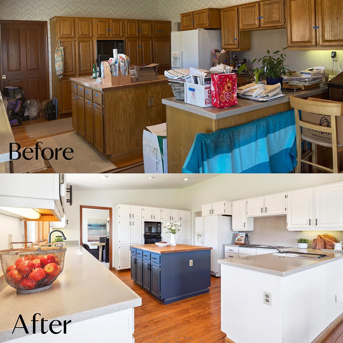 Before and after kitchen renovation showing painted cabinets, updated island, and minor remodel that increased home value before selling