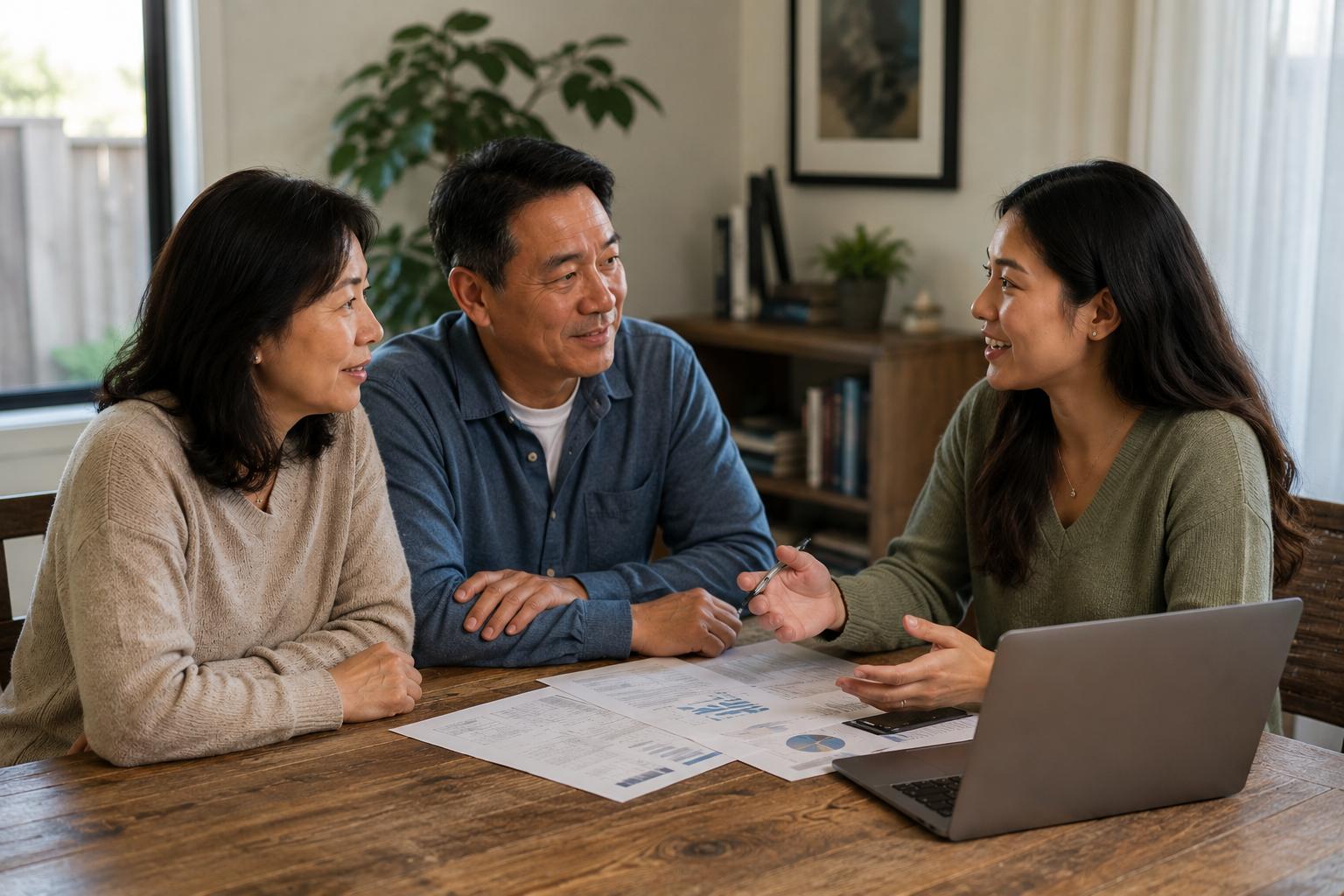 Parents discussing finances with their adult daughter while planning for her first home purchase in the San Francisco Bay Area.