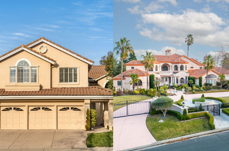 Split image showing a traditional East Bay home and a luxury estate, illustrating two different housing markets in the East Bay.