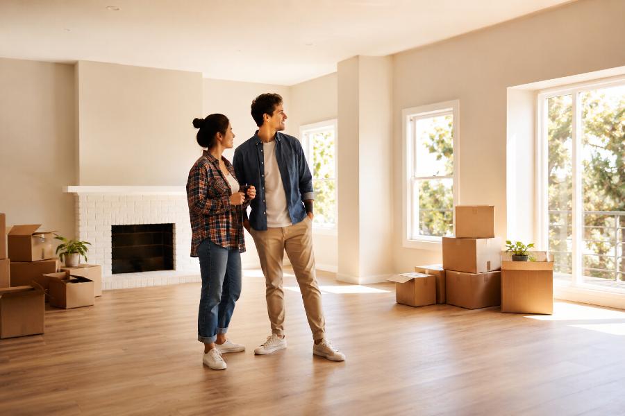 Moving boxes inside an empty new home before unpacking